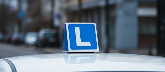 L plate sign mounted on a driving school car roof, symbolizing learner drivers gaining experience and confidence on urban streets during lessons toward a license and independence