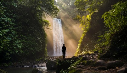 Solitary Person Standing in Lush Forest with Waterfall and Sunlight Rays