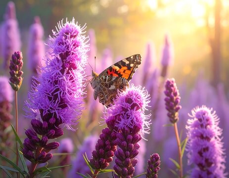 Painted Lady butterfly perched on purple blazing star flowers in a field