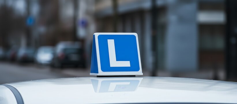 L plate sign mounted on a driving school car roof, symbolizing learner drivers gaining experience and confidence on urban streets during lessons toward a license and independence