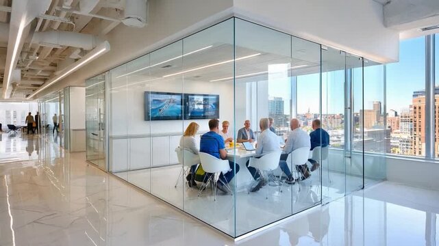 Meeting in the Modern Office: A group of professionals engages in a meeting within a modern office setting. The sleek glass walls offer a view of the cityscape.