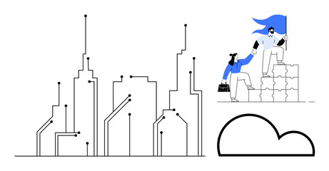 Technology, teamwork, leadership, cloud computing, innovation, digital transformation. Futuristic cityscape illustration, business leader helping team member. Technology and teamwork