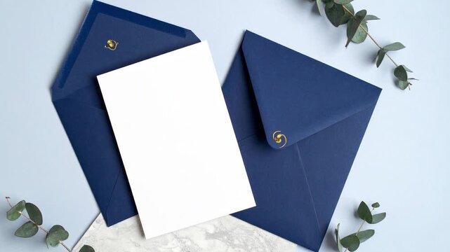 Elegant navy blue envelopes and a blank white card for a personalized message, surrounded by eucalyptus sprigs on a light blue background