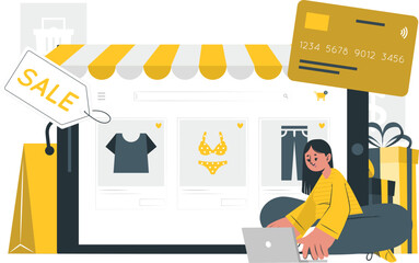Woman shopping online for clothes on tablet with credit card