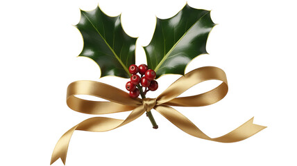 Holly branch with red berries and golden ribbon isolated on transparent background