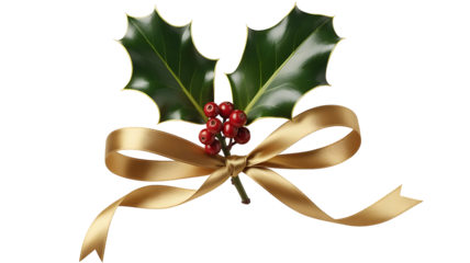 Holly branch with red berries and golden ribbon isolated on transparent background