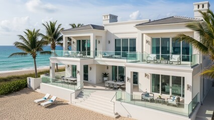 Modern beachfront luxury villa with ocean view and palm trees in tropical paradise