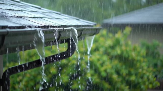 Rainy Day 4K Video Footage - Water Pouring From Roof Gutters Onto A Cloudy Day