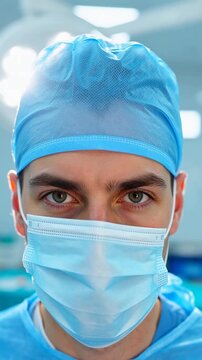 Focused Male Surgeon in Blue Scrubs and Mask Stares Intensely at Camera