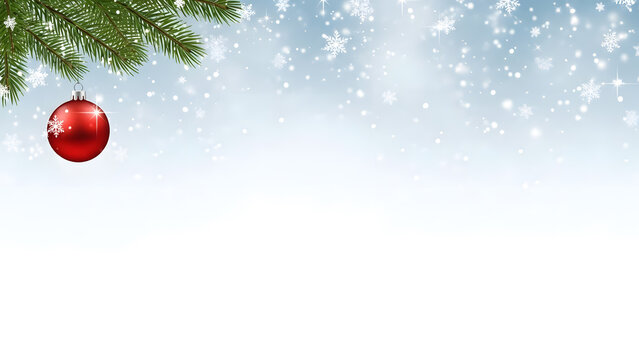 Festive christmas background with red ornament hanging from pine branch and falling snowflakes for holiday season