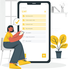 Woman using smartphone for to-do list app with checkmarks and tasks mobile phone application