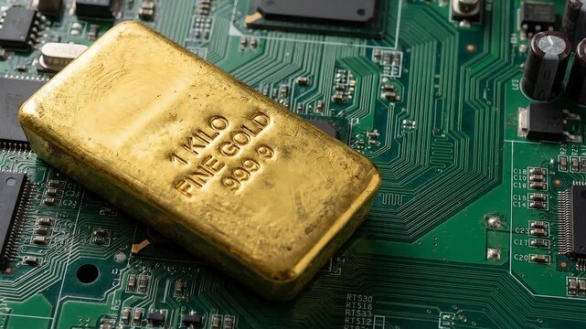 Gold bar tangible digital wealth investment concept with ai technology on circuit board background finance electronic innovation