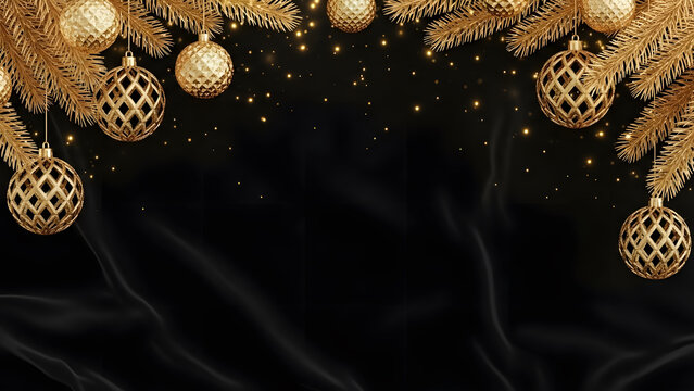Elegant christmas background with golden ornaments and pine branches on black velvet for festive celebrations