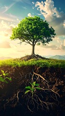 Verdant tree atop grassy knoll, roots exposed in rich soil, against a serene sky