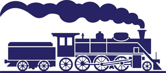 Blue Silhouette of a Vintage Steam Locomotive, Old-Fashioned Train Engine with Smoke Illustration, Vector Graphic of a Historic Railroad Engine and Tender, silhouette, woman, vector. © naeem