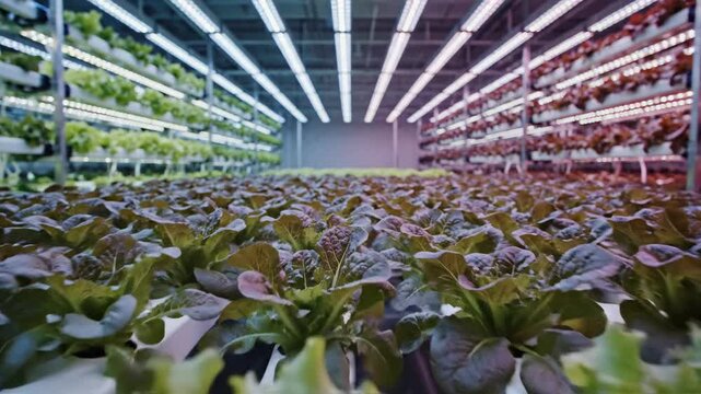 4K Video of Indoor Vertical Farming Lettuce Growth Under LED Lights