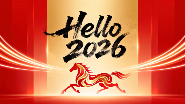 Red-gold gradient corporate year-end review and 2026 launch background with calligraphic Hello 2026 design