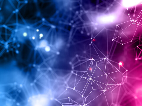 Abstract digital network of glowing nodes and lines in vibrant blue and pink hues representing data connections and technology - Powered by Adobe