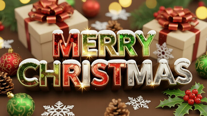 Festive merry christmas text with gifts ornaments and decorations on a brown surface backdrop