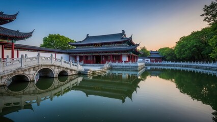 Tranquil evening at a traditional chinese garden with pavilion and bridge