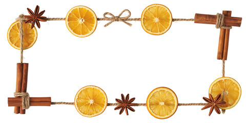 Christmas frame with dried orange slices and cinnamon sticks isolated on transparent background