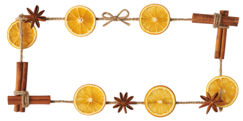 Christmas frame with dried orange slices and cinnamon sticks isolated on transparent background