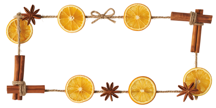 Christmas frame with dried orange slices and cinnamon sticks isolated on transparent background - Powered by Adobe
