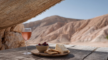 Desert hillside vineyard rustic shade sail, rose wine, cheese board, crackers, olives