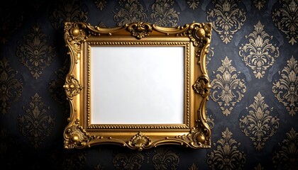 Ornate gold frame, empty center, on dark damask backdrop with baroque-style detailing. Elegant and regal presentation