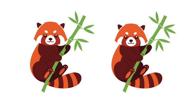 Cute cartoon red panda character climbing a green bamboo stick, isolated on a white background, in a playful flat design illustration.