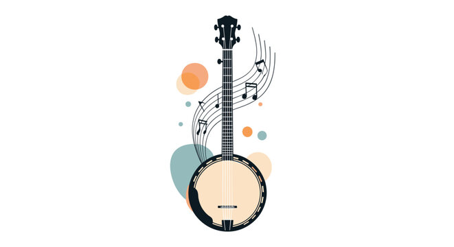 Stylized banjo with flowing musical notes and abstract colorful shapes, perfect for celebrating folk and country music.