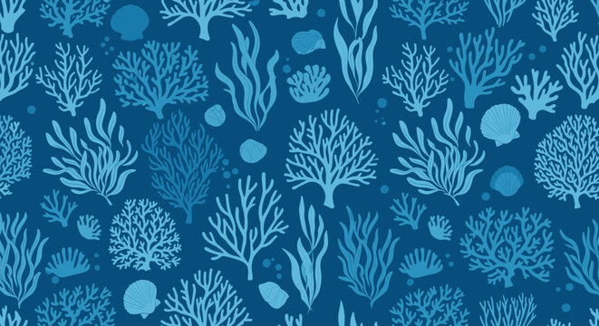 Seamless pattern of various hand-drawn blue marine elements including coral, seaweed, and seashells on a dark blue background.