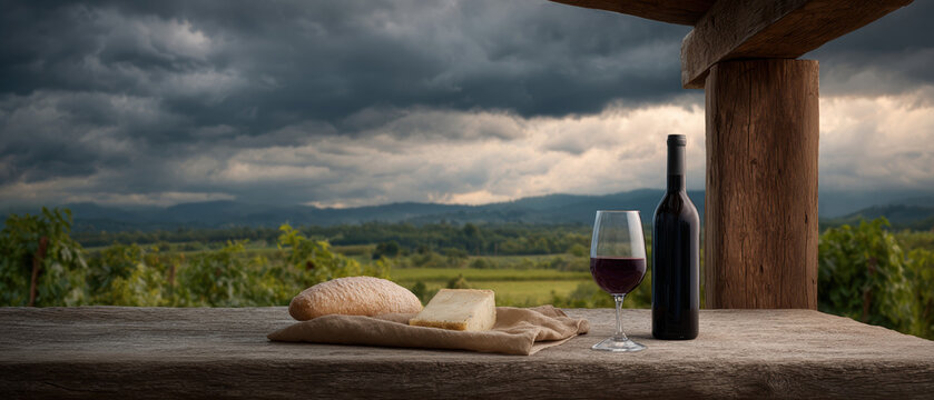 Stormy sky vineyard cozy pergola rustic table red wine cheese bread countryside
