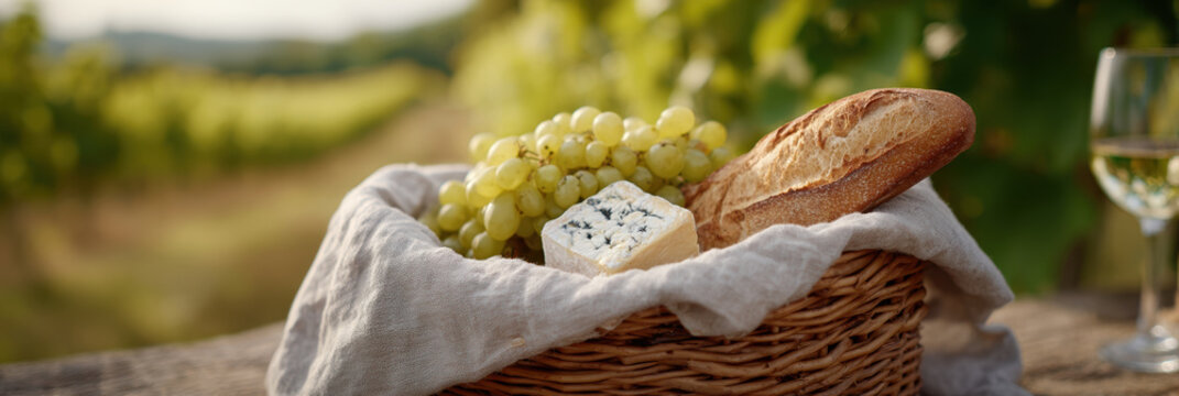 Sunlit vineyard picnic basket grapes cheese baguette rustic countryside summer