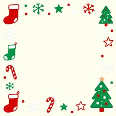 Simple Christmas Doodle Frame with Colorful Icons of Stockings, Trees, Snowflakes, and Candies for Holiday Greetings