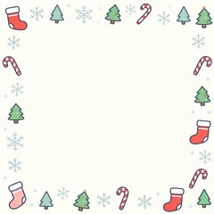 Christmas Doodle Frame Featuring Simple Icons of Stockings, Trees, Snowflakes, and Candy Canes for Festive Designs