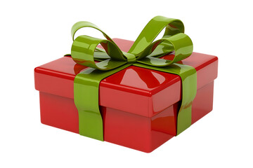 Red gift box with green ribbon and bow isolated on transparent background for celebration