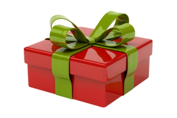 Red gift box with green ribbon and bow isolated on transparent background for celebration