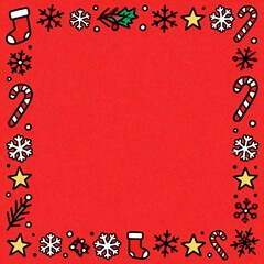 Cute Christmas Doodle Frame with Simple Icons of Stockings, Candy Canes, Stars, Snowflakes, and Holly on Red Background