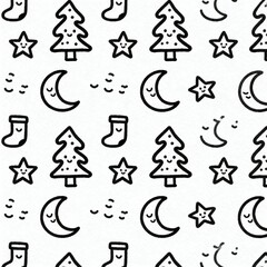 Cute Christmas Doodle Pattern with Tiny Hand-Drawn Icons of Wobbly Trees, Sleeping Moons, and Festive Elements