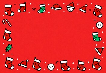 Cute Christmas Doodle Frame with Simple Icons of Stockings, Hats, and Smiles on a Red Background for Festive Decor