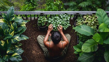 Woman Sitting in Greenhouse Garden with Potted Plants Surrounded by Tropical Foliage