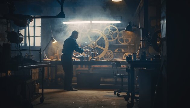 Industrial Workshop with Man Operating Machinery in Dimly Lit Factory Setting