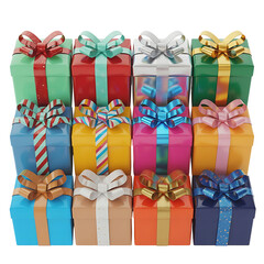 Colorful gift boxes with ribbons and bows isolated on transparent background for celebration