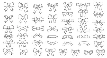 Obraz premium Large collection of various gift bows and ribbons illustrated in a simple black and white dashed line or outline style.
