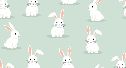 Obraz premium Seamless pattern of cute white cartoon rabbits sitting in various poses on a muted green background for nursery decor.