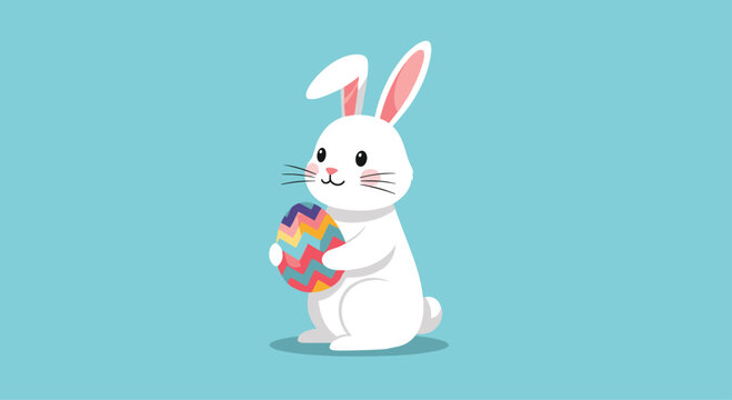 Cute white Easter bunny standing and holding a colorful patterned Easter egg, illustrated on a simple light blue background.