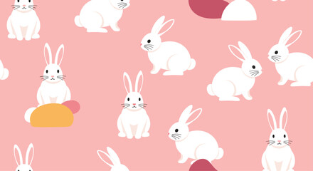 Seamless pattern of cute white rabbits in various poses on a lovely pink background, perfect for nursery or textile designs.
