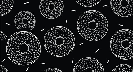 A seamless monochrome pattern of hand-drawn donuts with sprinkles in white outline on a contrasting solid black background.