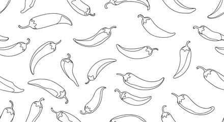 Fototapeta premium A seamless black and white pattern of hand-drawn chili peppers in a simple outline style, scattered on a white background.